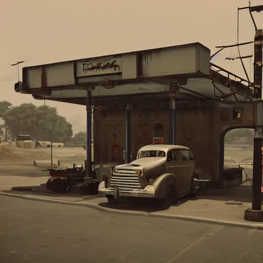 Prompt: dieselpunk fuel station, dirty cinematic scene, ultra realistic details, 8 k