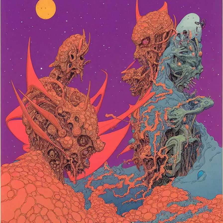 Prompt: ( ( ( ( the king of demons and the astronaut talking face to face ) ) ) ) by mœbius!!!!!!!!!!!!!!!!!!!!!!!!!!!, overdetailed art, colorful, artistic record jacket design