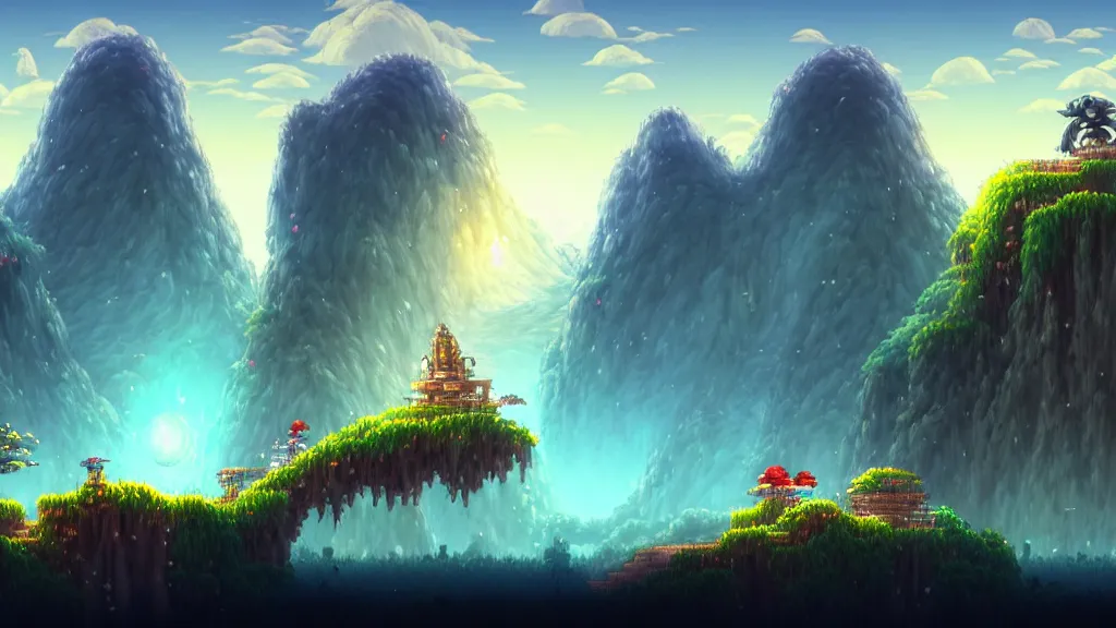 Prompt: side scrolling landscape sotn, studio ghibli, pixar and disney animation, sharp, rendered in unreal engine 5, highly detailed, digital painting, artstation, terraria, hollow knight, smooth, sharp focus, illustration, wide angle, wallpaper, splash art, promo art, dramatic lighting, art by artgerm and greg rutkowski and bo chen and jin xiaodi