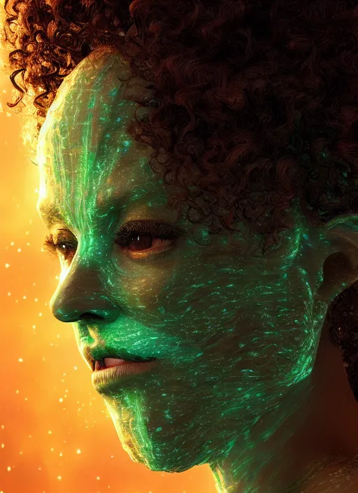 Prompt: glowwave portrait of a curly hair alien from star wars, au naturel, hyper detailed, digital art, trending in artstation, cinematic lighting, studio quality, smooth render, unreal engine 5 rendered, octane rendered, art style by klimt and nixeu and ian sprigger and wlop and krenz cushart.