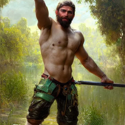 Image similar to young warrior by a river, playful, male, muscular, green eyes!!!!, straight nose!!!!!, beard, detailed face, thighs!!!!! gorgeous, amazing, muscular, intricate, highly detailed, painting by Gaston Bussiere, Craig Mullins