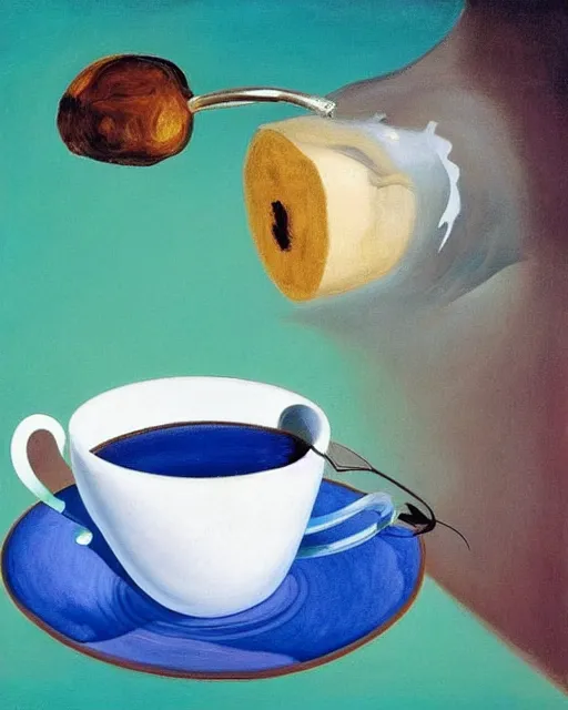 Prompt: salvador dali's 'brain dipped in cup of coffee', still life, far shot, blue background, vibrant, brain