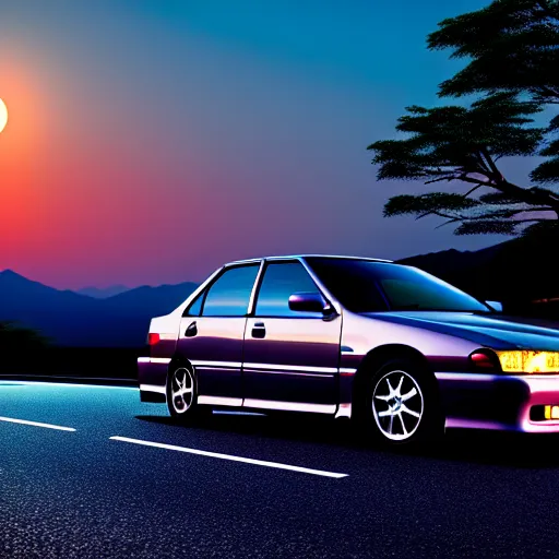 Prompt: a car Toyota JZX100 in middle of road, gunma prefecture, city sunset, cinematic color, photorealistic, highly detailed, bokeh