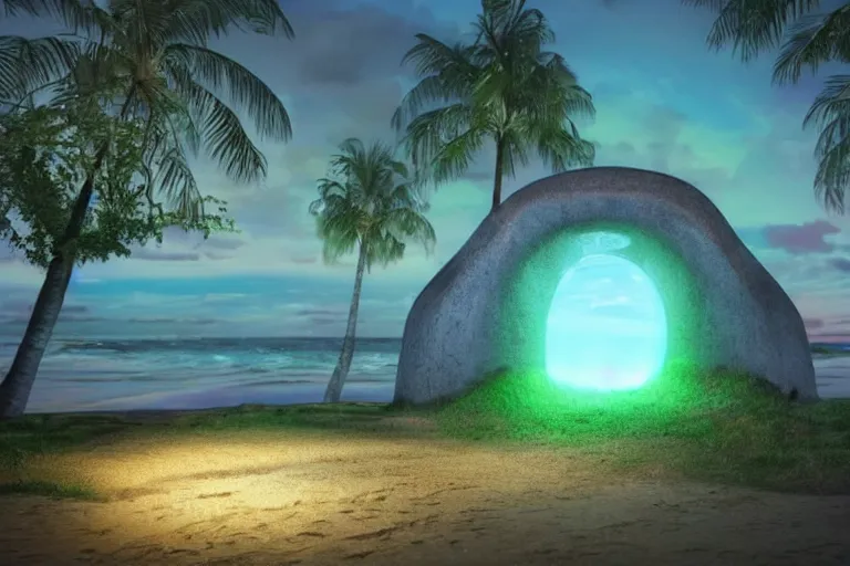 Image similar to a magical glowing portal in the middle of a city that leads to a beach, realistic