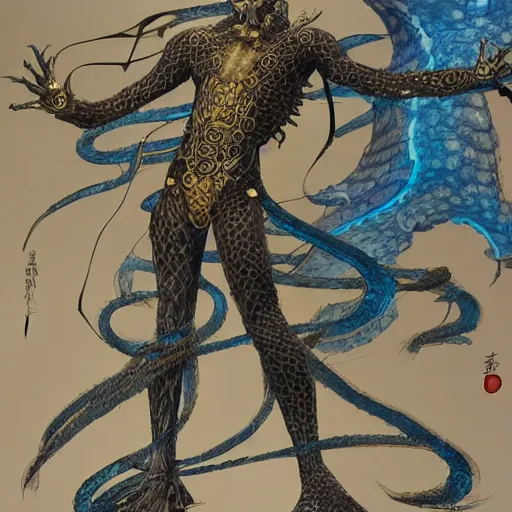 Image similar to concept design sketches for a character that is an ethereal humanoid snake with hands, golden scales and blue accents scattered in its design, art by yuji ikehata and satoshi kon, background art by miyazaki, realism, proper human male proportions, fully clothed, dungeons and dragons, anime