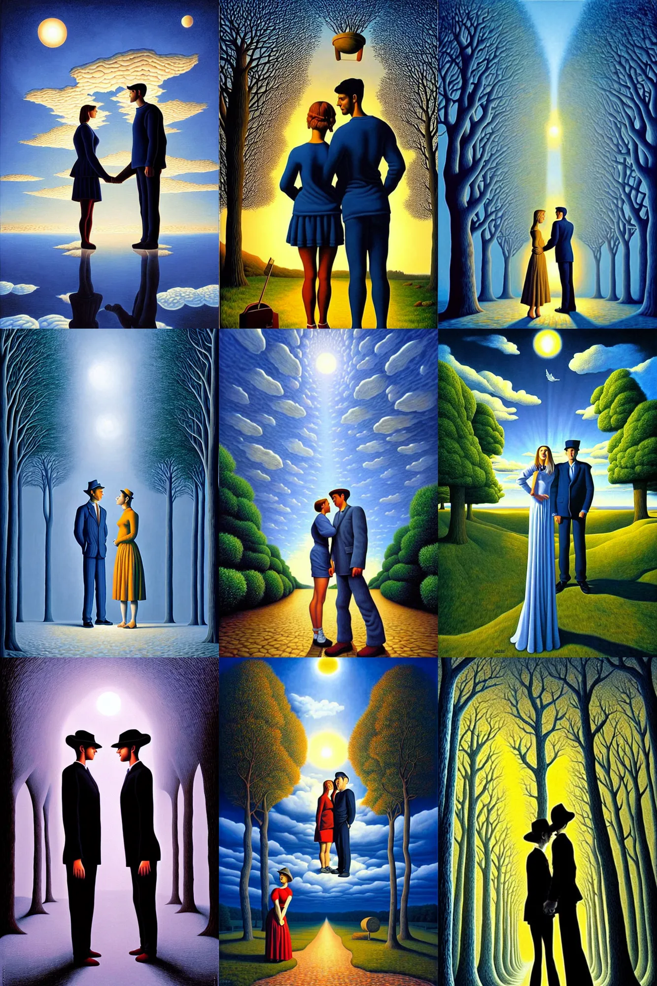 Prompt: a full body portrait of couple painted by rob gonsalves, surrealistic, good light, magical atmosphere.