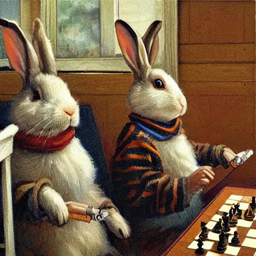 Image similar to rabbits smoking pipes and playing chess. Painting of rabbits in sweaters by James Gurney.