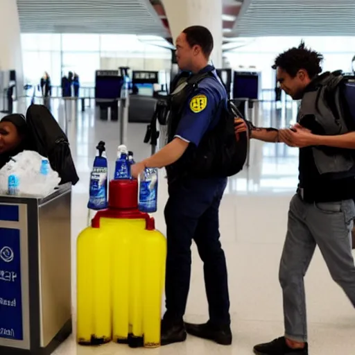 Image similar to Airport security guards stuffing large bottles of water and shampoo into their backpacks, laughing and laughing