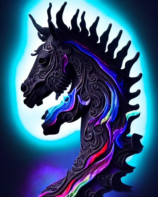 Image similar to 3 d ornate carved dark cosmic horse with profile portrait, sigma 5 0 0 mm f / 5. beautiful intricate highly detailed horse skull. bioluminescent, plasma, lava, ice, water, wind, creature, thunderstorm! artwork by tooth wu and wlop and beeple and greg rutkowski, 8 k trending on artstation