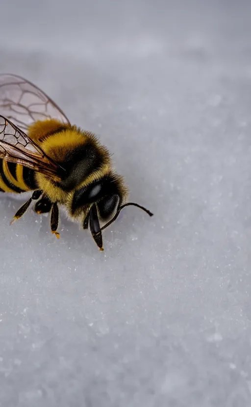 Image similar to a bee and a flower under a layer of ice and snow, beautiful macro photography, ambient light