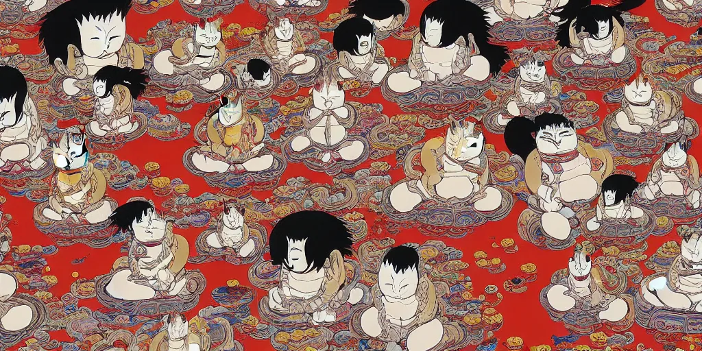 Image similar to 8 k uhd recursive image of praying buddhist cats, by katsuhiro otomo, anime, cartoon