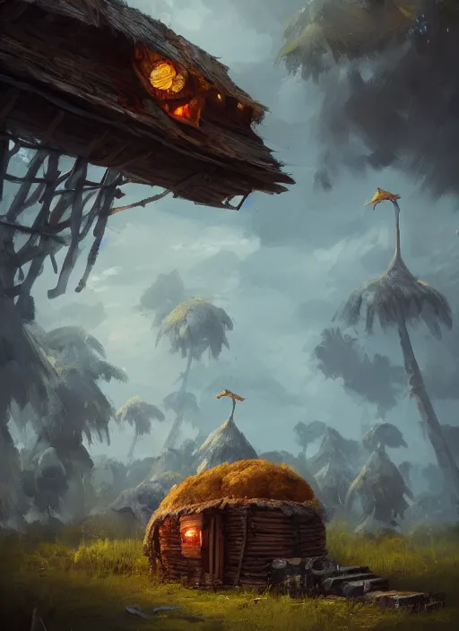 Prompt: hut with big chicken legs, greg rutkowski, zabrocki, karlkka, jayison devadas, trending on artstation, 8 k, ultra wide angle, zenith view, pincushion lens effect