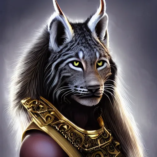 Prompt: highly detailed digital painting, black male anthro - lynx, human with head of lynx, viking hair, with long thick wavy hair like fabio, facial scar, hairy masculine gigachad, muscular, wearing kilt and gold armbands, gold hoop earring, fur texture, as space viking, classic science fiction, trending on artstation, romance novel,