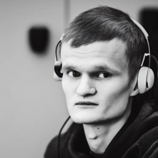 Image similar to vitalik buterin in headphones looking at camera. 8 5 mm, medium shot