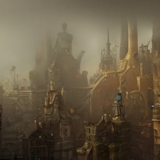 Image similar to a steampunk city shrouded in fog, highly detailed, 8k, sharp focus, trending on artstation