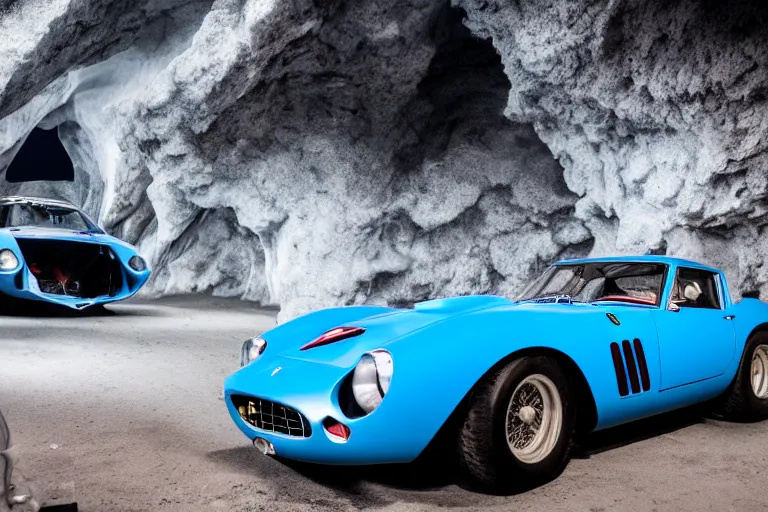 Image similar to cinematography of Ferrari 250 GTO series 2 in a blue glacier cave by Emmanuel Lubezki