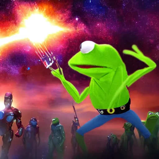 Image similar to the avengers battle kermit the frog in space, galaxy, hd, explosions, gunfire, lasers, spatula, giant, epic, showdown, colorful, realistic photo, unreal engine, stars, prophecy, epic oil painting, powerful, diffused lighting, destroyed planet, debris, justice league