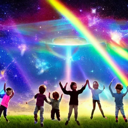 Prompt: ' hyper realistic photo of children flying in the sky around a star gate portal light rays nebula'