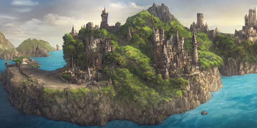 Prompt: matte painting a stunning landscape of a castle on a lost island on a sunny day by brian k. vaughan