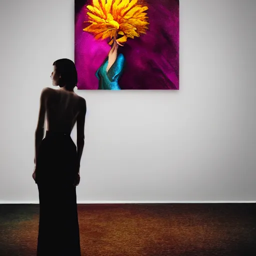 Image similar to huge flower as head, woman standing in a luxury apartment, surreal photography, dramatic light, impressionist painting, digital painting, artstation, georgia o'keeffe