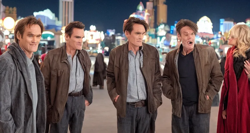 Prompt: first image comedy heist movie starring jim carrey and eddie murphy, sundance official selection. shot on the las vegas strip with alexa mini, stunning cinematography, golden hour, filmgrain.