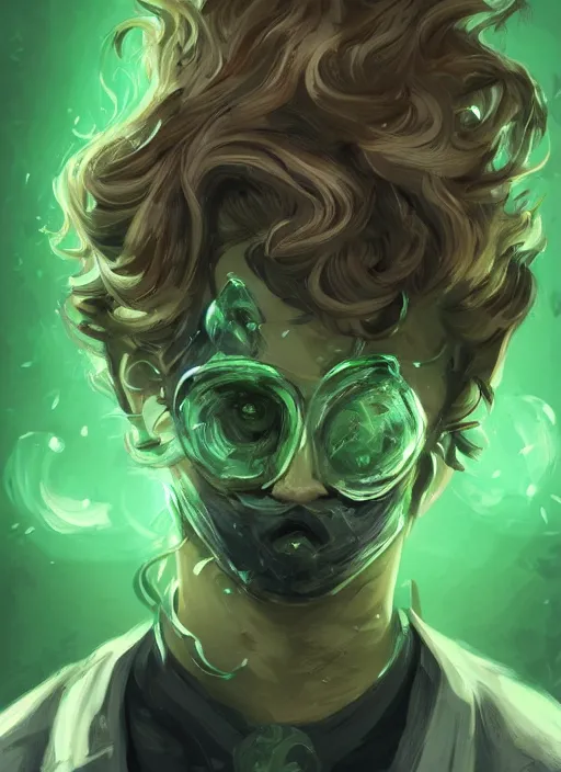 Image similar to a highly detailed illustration of young thick wavy messy haired guy wearing mechanical green face mask and brown noir coat, clean shaven, dramatic bored expression, intricate, elegant, highly detailed, centered, digital painting, artstation, concept art, smooth, sharp focus, league of legends concept art, wlop