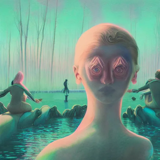 Prompt: beautiful creature coming out of a dark lagoon:: by Martine Johanna and Simon Stålenhag and Chie Yoshii :: dynamic, particulate, pastel colors, intricate, elegant, highly detailed, centered, artstation, smooth, sharp focus, octane render, 3d