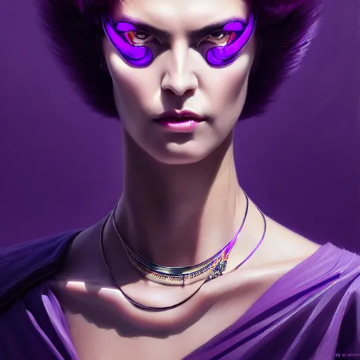 Image similar to woman with extremely large and intricate haircut with angry purple eyes and slim features looking askance, eye cyberpunk bionics, retro futurist style, intricate, elegant gleaming intricate baroque jewelry, angelic halo, highly detailed, digital painting, artstation, concept art, smooth, sharp focus, illustration, art by wlop, mars ravelo and greg rutkowski,