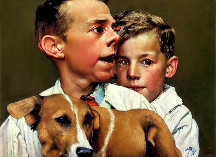 Image similar to high quality high detail painting by norman rockwell, hd, young boy with dog, muted pastel colors, photorealistic lighting