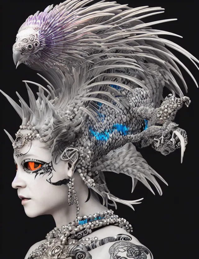 Image similar to 3 d goddess close - up profile simple portrait punk with mohawk with tiger skull. beautiful intricately detailed japanese crow kitsune mask and clasical japanese kimono. betta fish, jellyfish phoenix, bio luminescent, plasma, ice, water, wind, creature, artwork by tooth wu and wlop and beeple and greg rutkowski