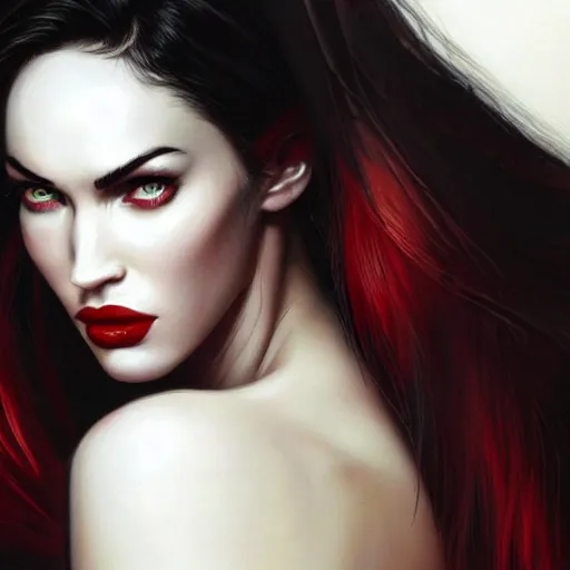 Prompt: portrait of megan fox, sexy muscular upper body, business suit, blood red eyes, vampire fangs, fantasy, intricate, elegant, highly detailed, digital painting, artstation, concept art, matte, sharp focus, illustration, art by aenaluck and roberto ferri and greg rutkowski, epic fantasy, digital painting