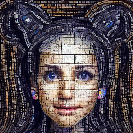 Image similar to portrait mosaic of a beautiful cute girl with robot ears and eyes by joe biden, 4k, intricate details, digital, between heaven and hell