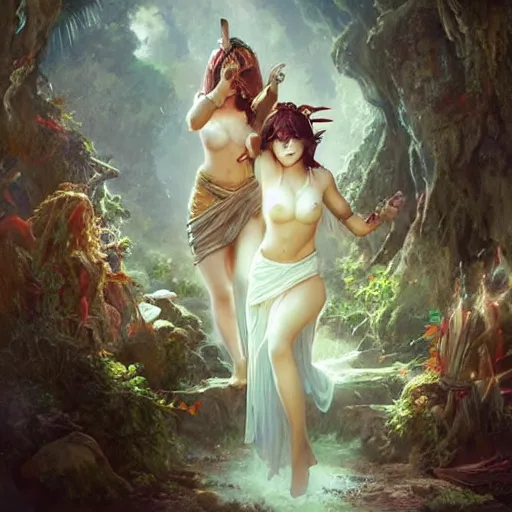 Prompt: beautiful female acolytes kidnapping maidens from a village. 8 k incredible detail. by artgerm and by richard schmid and by tom bagshaw and by magali villeneuve and by wlop