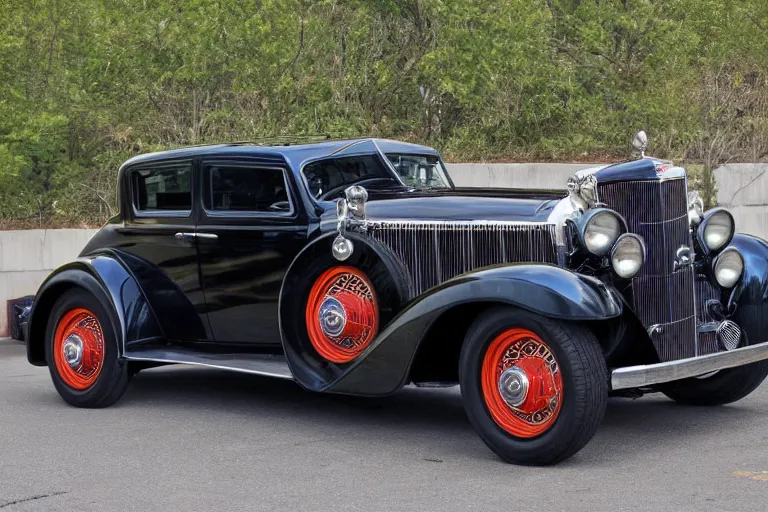 Image similar to full color photo of cyberpunk version of a 1 9 3 0 cadillac v 1 6