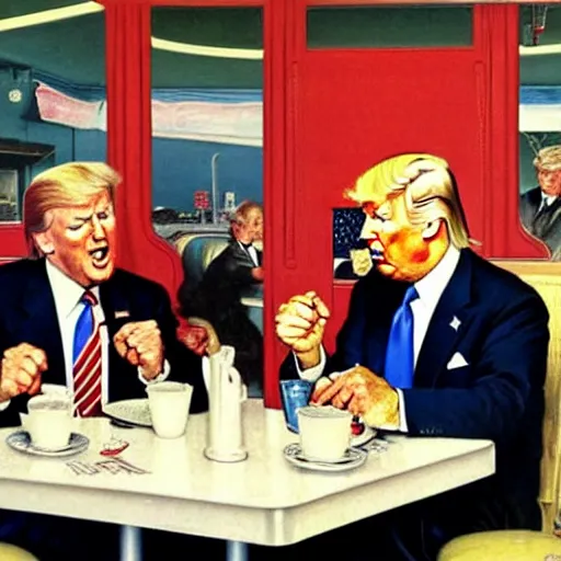 Image similar to joe biden and donald trump having dinner in a 1 9 5 0 s diner. highly detailed painting by norman rockwell 8 k