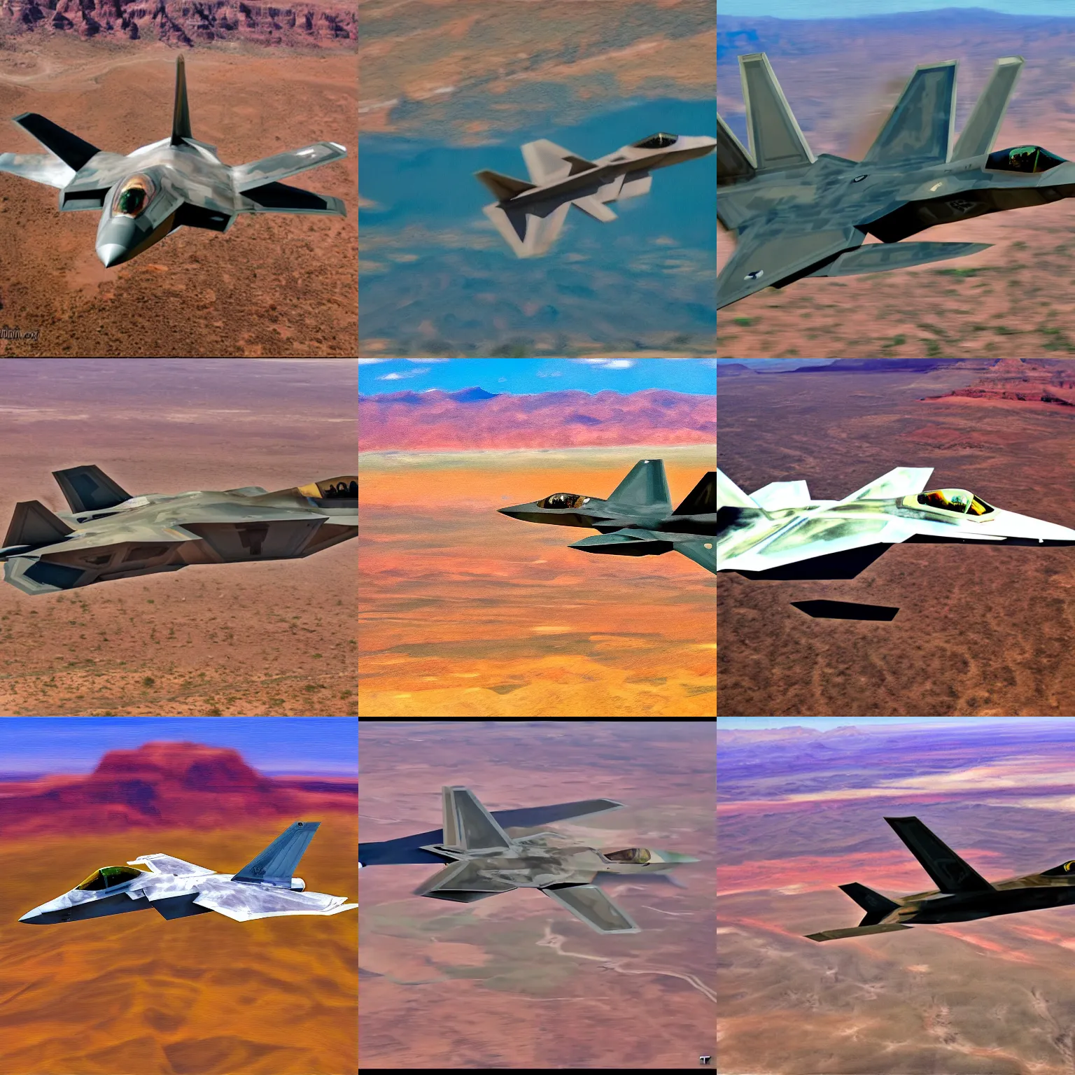 Prompt: F-22 flying above the arizona desert, drone footage, impressionist painting