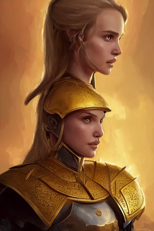 Prompt: portrait of a young natalie portman knight with blond hair wearing a golden armor with a sun symbol, fantasy, highly detailed, digital painting, artstation, concept art, illustration, art by Bayard Wu and Marc Simonetti