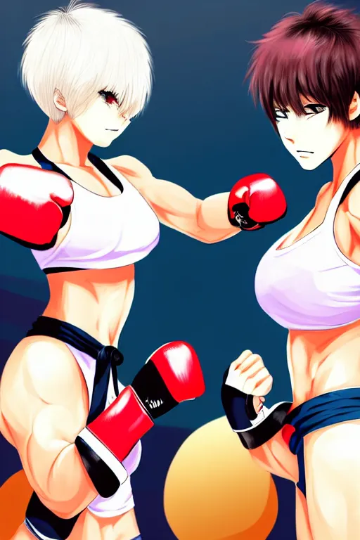 Prompt: two beautiful female fighters with short hair facing each other in the gym, gorgeous features, high definition, sharp focus, detailed anime art, pixiv