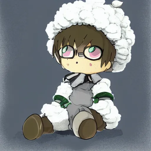 Image similar to little boy wearing sheep suit. white, gray, blue, green and brown pallet color. made in abyss art style, inspired in deltarrune, cute detailed artwork