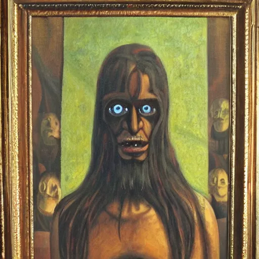 Image similar to portre of an autistic demon on acid, masonic and kabalistic symbols in background, oil painting