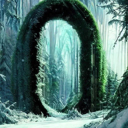 Image similar to frozen derelict portal in a middle of a snowy lush futuristic forest, green lush world seen only through a portal, daylight, cinematic lighting, blue sky, syd mead, john harris