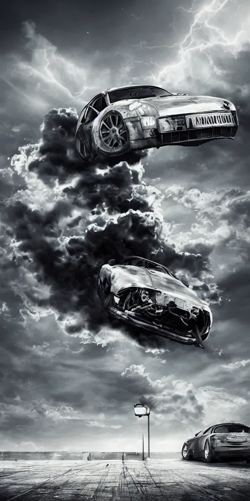 Prompt: a crushed car in the middle of a fifa stadium with lot of camera flashes in the distance night dramatic airbrushed clouds over black background, airbrush fantasy 80s, realistic detailed masterpiece