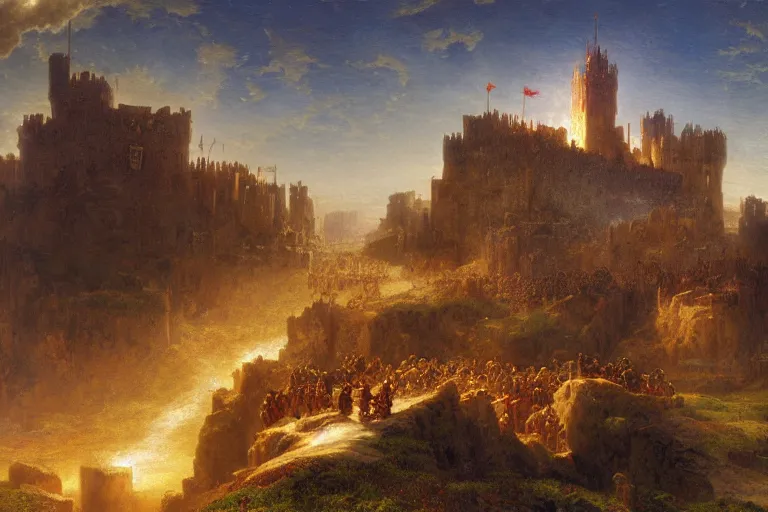 Image similar to a detailed matte landscape painting of king richard the lionhearted as a shonen anime protagonist attacking jerusalem, 8 k, volumetric lighting, in the style of disney, art by albert bierstadt and thomas moran