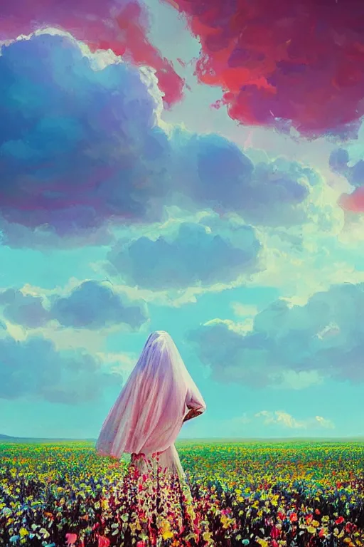 Image similar to giant white flower head, veil girl walking in a flower field, surreal photography, sunrise, dramatic light, impressionist painting, colorful clouds, digital painting, artstation, simon stalenhag