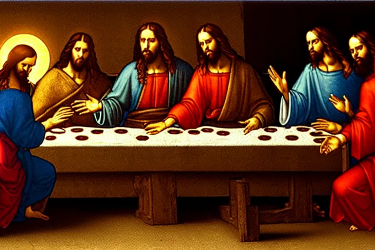 Prompt: programmer jesus christ programming a computer during the last supper by leonardo davinci