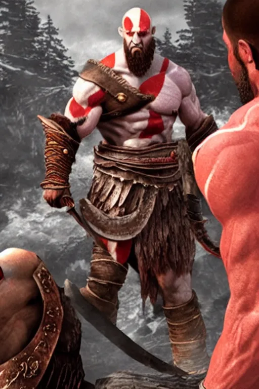 Image similar to TV news interviewing Kratos from god of war