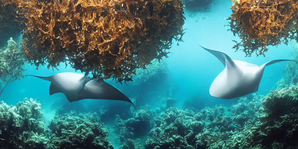 Image similar to hyperrealistic underwater photography, panoramic picture of an ocean floor with in the distance one single manta ray. focus on the manta ray. the manta ray is anatomically correct and highly detailed. the eyes are intricately detailed. there are lots of bubbles. seaweed and some rocks. gloomy scattered light entering from the water surface, trending on artstation, hq, 4 k