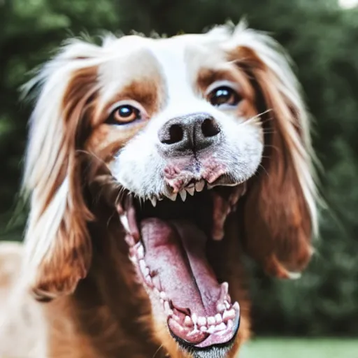 Image similar to dog with big human teeth smiling