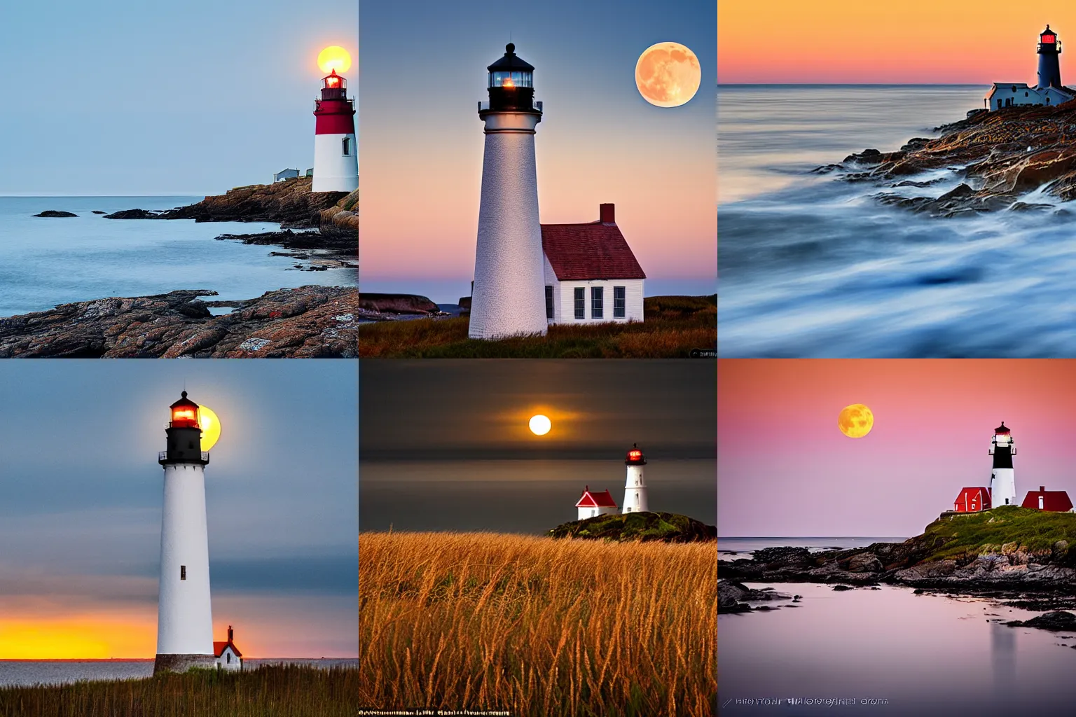 Prompt: A photo of a lighthouse on the coast of Maine with a rising harvest full moon directly behind the lighthouse, fine art photography, National Geographic photo, award winning