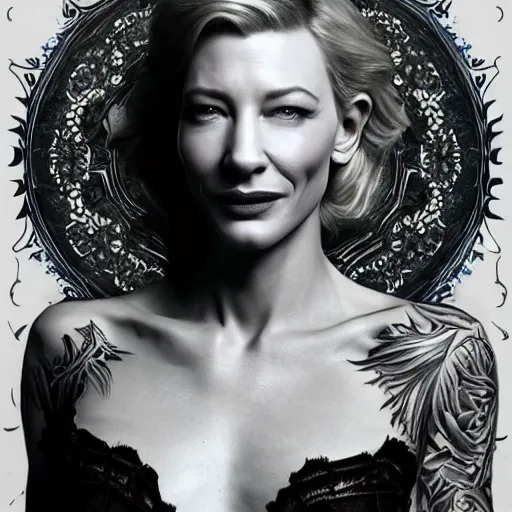 Image similar to full body tattooed cate blanchett, highly detailed, photorealistic, 4k